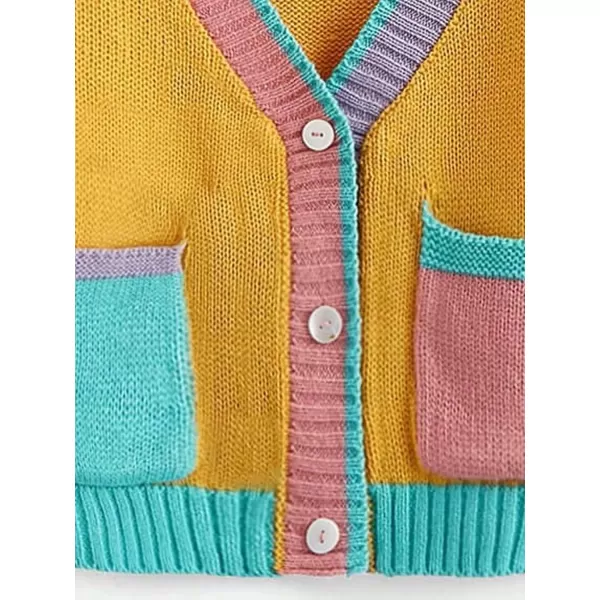 SweatyRocks Girl's Color Block Long Sleeve Button Up V Neck Drop Shoulder Cardigan Sweater with Pocket