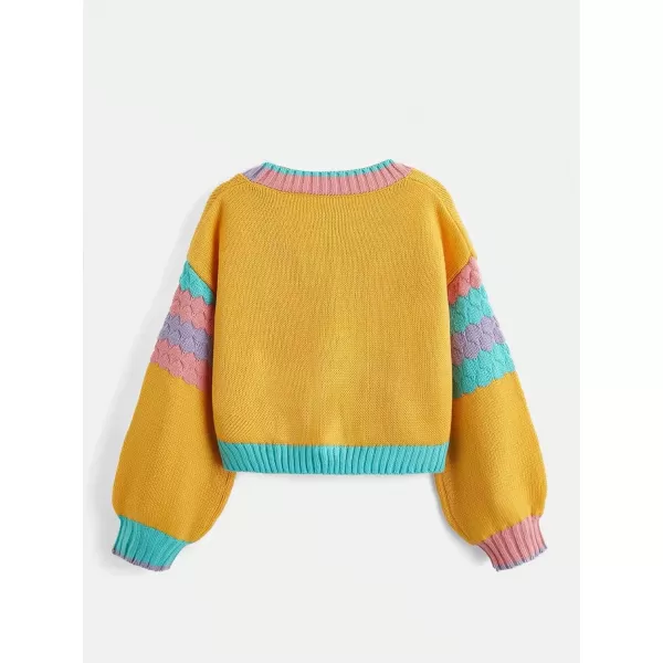 SweatyRocks Girl's Color Block Long Sleeve Button Up V Neck Drop Shoulder Cardigan Sweater with Pocket