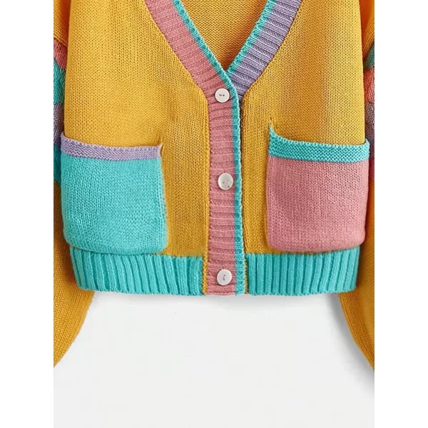 SweatyRocks Girl's Color Block Long Sleeve Button Up V Neck Drop Shoulder Cardigan Sweater with Pocket