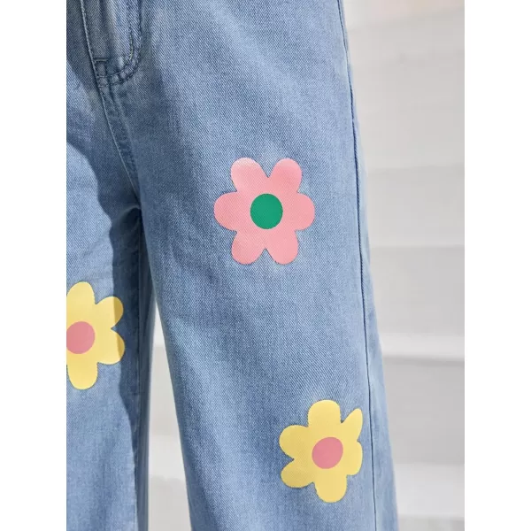 SweatyRocks Girl's Floral Print Wide Leg Jeans High Elastic Waist Long Denim Pants with Pockets