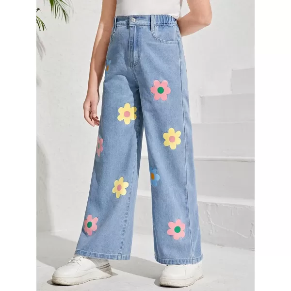 SweatyRocks Girl's Floral Print Wide Leg Jeans High Elastic Waist Long Denim Pants with Pockets