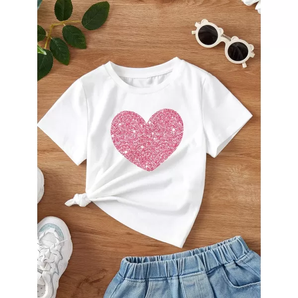 SweatyRocks Girl's Heart Print Sparkly Sequin T Shirt Round Neck Short Sleeve Basic Tops