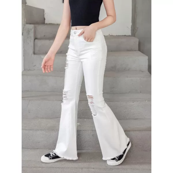 SweatyRocks Girl's High Waist Ripped Raw Hem Jeans Flare Leg Denim Pants with Pocket