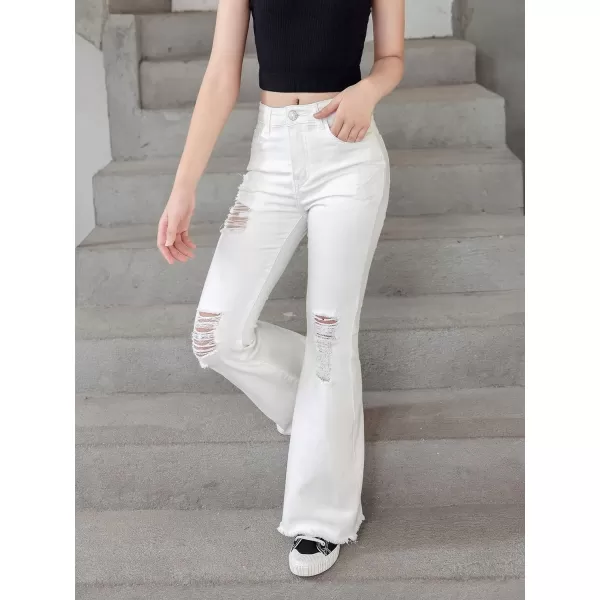 SweatyRocks Girl's High Waist Ripped Raw Hem Jeans Flare Leg Denim Pants with Pocket