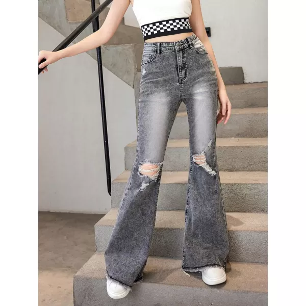 SweatyRocks Girl's High Waist Ripped Raw Hem Jeans Flare Leg Denim Pants with Pocket