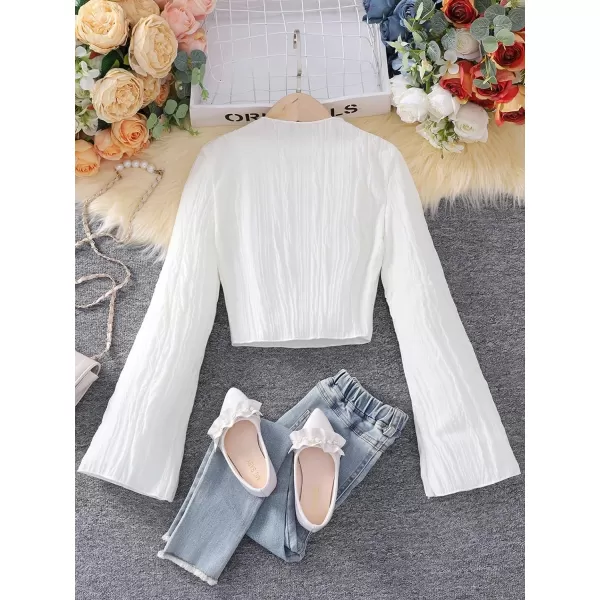 SweatyRocks Girl's Mock Neck Long Flare Sleeve Tee Shirt Solid Pullover Crop Tops White