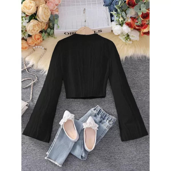 SweatyRocks Girl's Mock Neck Long Flare Sleeve Tee Shirt Solid Pullover Crop Tops White