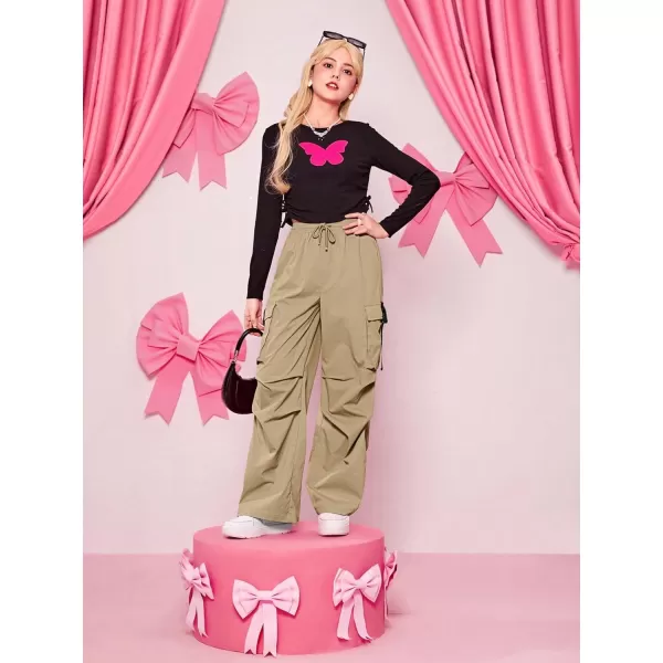 SweatyRocks Girl's Ruched Drawstring Waist Cargo Pants Straight Leg Trousers with Pocket