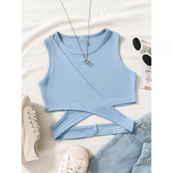 SweatyRocks Girl's Sleeveless Round Neck Criss Cross Wrap Top Ribbed Knit Crop Tank Tops