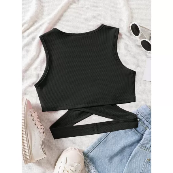 SweatyRocks Girl's Sleeveless Round Neck Criss Cross Wrap Top Ribbed Knit Crop Tank Tops