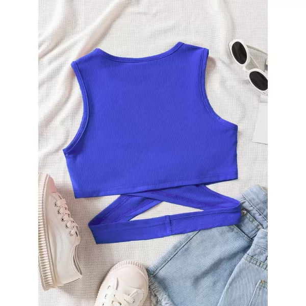 SweatyRocks Girl's Sleeveless Round Neck Criss Cross Wrap Top Ribbed Knit Crop Tank Tops