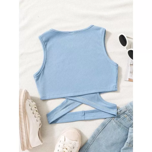 SweatyRocks Girl's Sleeveless Round Neck Criss Cross Wrap Top Ribbed Knit Crop Tank Tops
