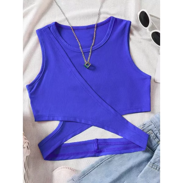 SweatyRocks Girl's Sleeveless Round Neck Criss Cross Wrap Top Ribbed Knit Crop Tank Tops