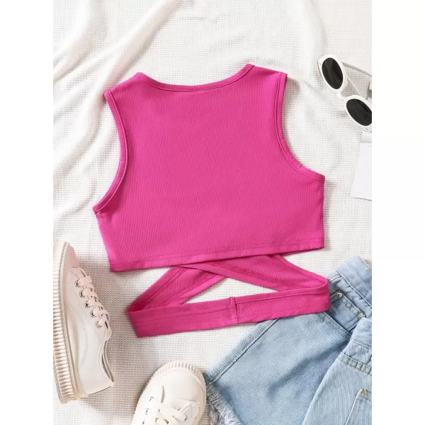 SweatyRocks Girl's Sleeveless Round Neck Criss Cross Wrap Top Ribbed Knit Crop Tank Tops