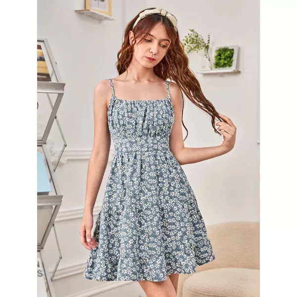 SweatyRocks Girl's Spaghetti Strap Ruched Cami Dress Floral Print Ruffle Flared Mini Dresses