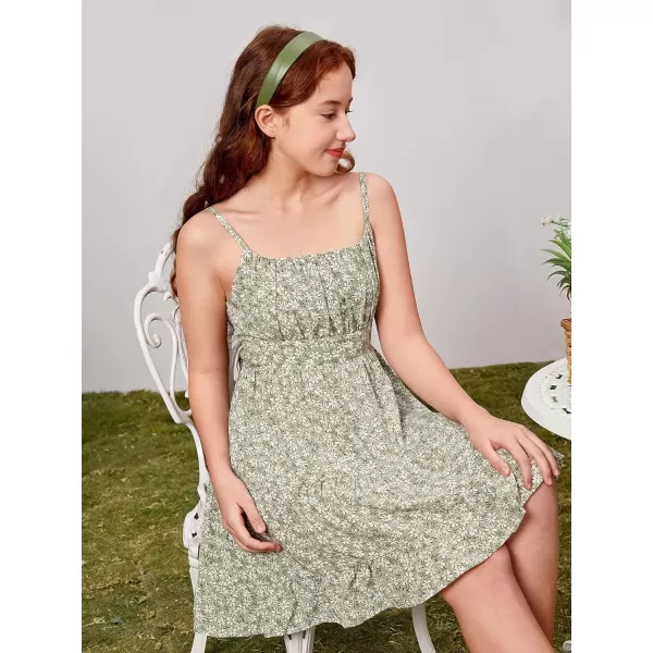 SweatyRocks Girl's Spaghetti Strap Ruched Cami Dress Floral Print Ruffle Flared Mini Dresses