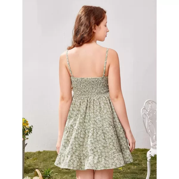 SweatyRocks Girl's Spaghetti Strap Ruched Cami Dress Floral Print Ruffle Flared Mini Dresses