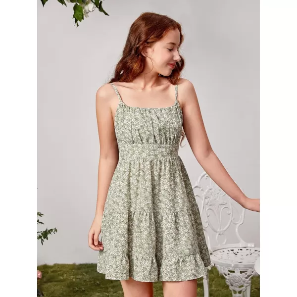 SweatyRocks Girl's Spaghetti Strap Ruched Cami Dress Floral Print Ruffle Flared Mini Dresses