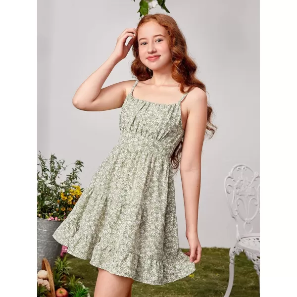 SweatyRocks Girl's Spaghetti Strap Ruched Cami Dress Floral Print Ruffle Flared Mini Dresses