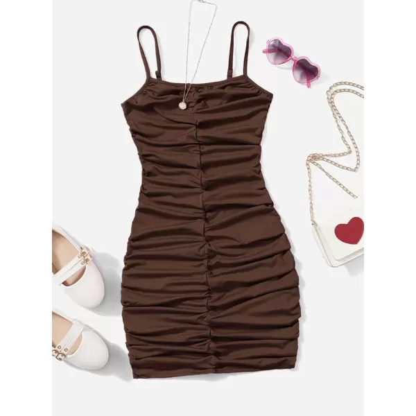 SweatyRocks Girl's Spaghetti Strap Solid Ruched Slim Fitted Cami Short Dress
