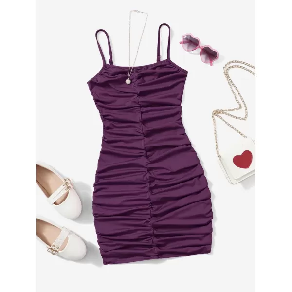 SweatyRocks Girl's Spaghetti Strap Solid Ruched Slim Fitted Cami Short Dress