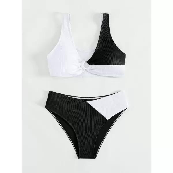 SweatyRocks Girl's Two Piece Color Block Swimsuit V Neck Ribbed Bikini Set Bathing Suit Beachwear