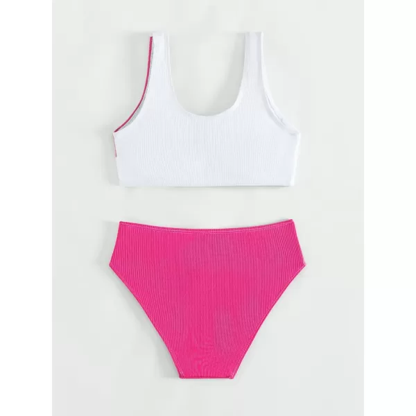 SweatyRocks Girl's Two Piece Color Block Swimsuit V Neck Ribbed Bikini Set Bathing Suit Beachwear