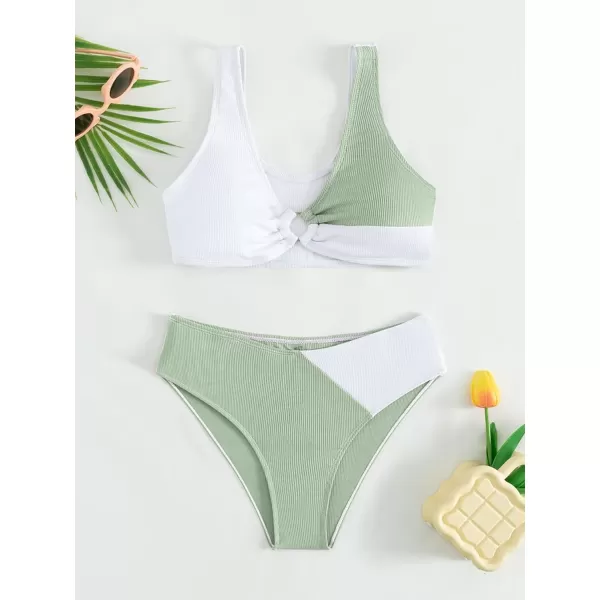 SweatyRocks Girl's Two Piece Color Block Swimsuit V Neck Ribbed Bikini Set Bathing Suit Beachwear