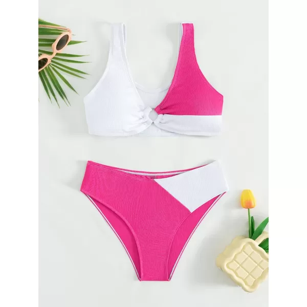 SweatyRocks Girl's Two Piece Color Block Swimsuit V Neck Ribbed Bikini Set Bathing Suit Beachwear