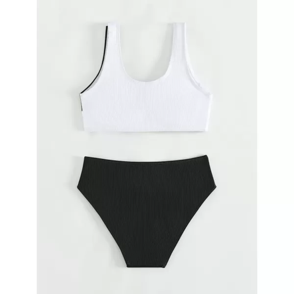 SweatyRocks Girl's Two Piece Color Block Swimsuit V Neck Ribbed Bikini Set Bathing Suit Beachwear
