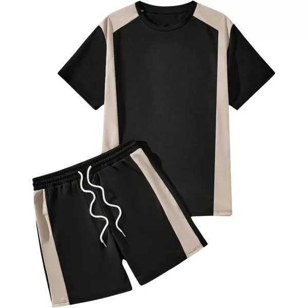 SweatyRocks Men's 2 Piece Outfit Colorblock Crew Neck Short Sleeve Tee Top and Drawstring Waist Shorts Set