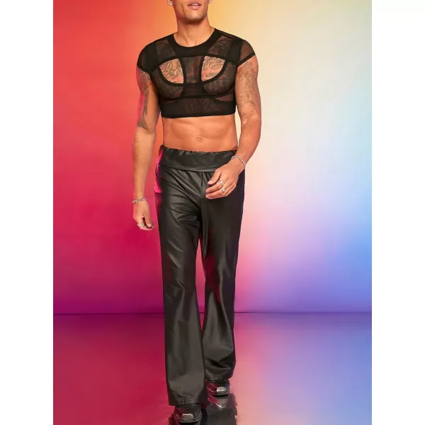 SweatyRocks Men's Cut Out Mesh Tee Shirts Round Neck Cap Sleeve Party Crop Shirt Tops