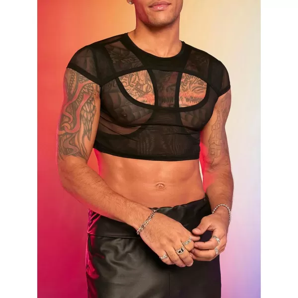 SweatyRocks Men's Cut Out Mesh Tee Shirts Round Neck Cap Sleeve Party Crop Shirt Tops