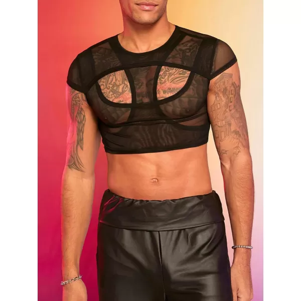 SweatyRocks Men's Cut Out Mesh Tee Shirts Round Neck Cap Sleeve Party Crop Shirt Tops
