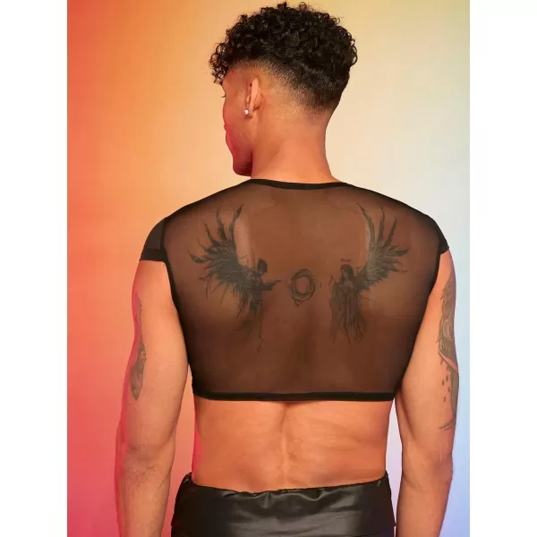 SweatyRocks Men's Cut Out Mesh Tee Shirts Round Neck Cap Sleeve Party Crop Shirt Tops
