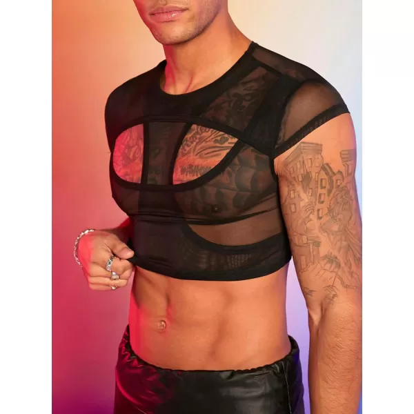SweatyRocks Men's Cut Out Mesh Tee Shirts Round Neck Cap Sleeve Party Crop Shirt Tops