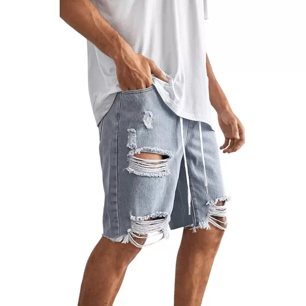 SweatyRocks Men's Drawstring Waist Ripped Jean Shorts Raw Hem Denim Bermuda Shorts