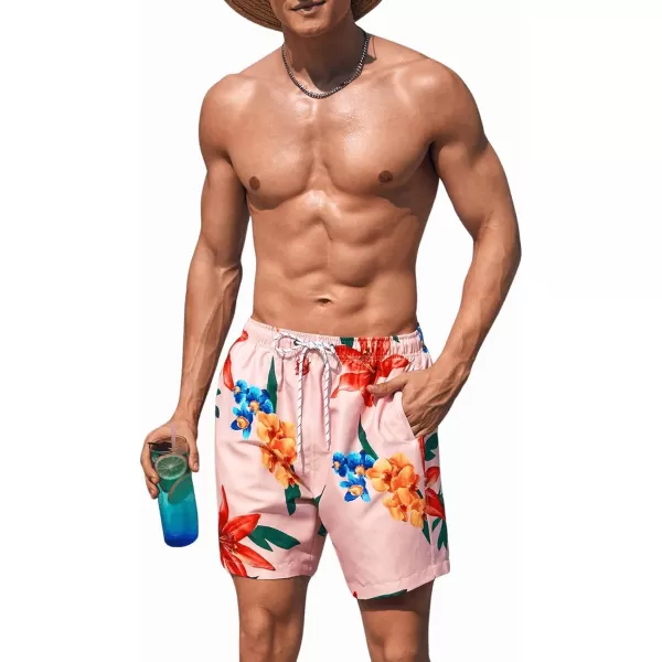 SweatyRocks Men's Floral Print Drawstring Waist Swim Trunks Straight Leg Beach Shorts with Pockets