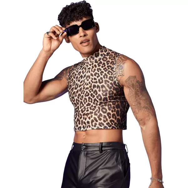 SweatyRocks Men's Leopard Print Sleeveless Mock Neck Slim Fit Crop Tank Top
