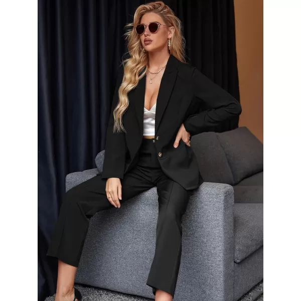 SweatyRocks Women's 2 Piece Blazer Set Button Front Long Sleeve Blazer and Pants Solid Business Office Suits Set