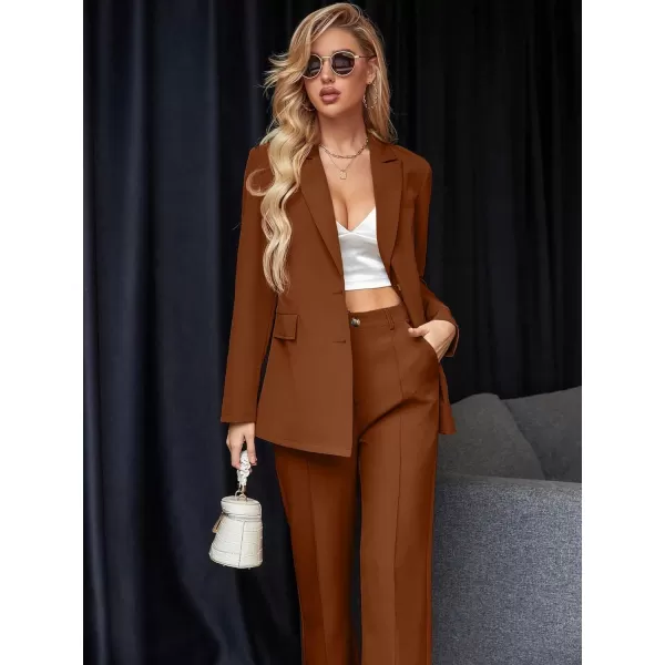 SweatyRocks Women's 2 Piece Blazer Set Button Front Long Sleeve Blazer and Pants Solid Business Office Suits Set