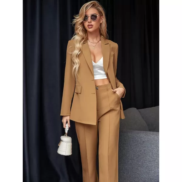 SweatyRocks Women's 2 Piece Blazer Set Button Front Long Sleeve Blazer and Pants Solid Business Office Suits Set