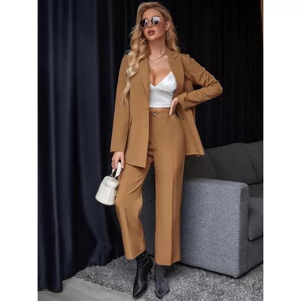 SweatyRocks Women's 2 Piece Blazer Set Button Front Long Sleeve Blazer and Pants Solid Business Office Suits Set