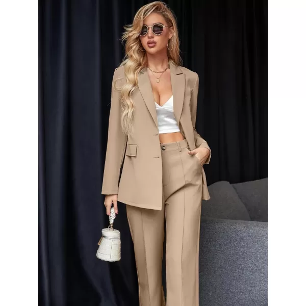 SweatyRocks Women's 2 Piece Blazer Set Button Front Long Sleeve Blazer and Pants Solid Business Office Suits Set