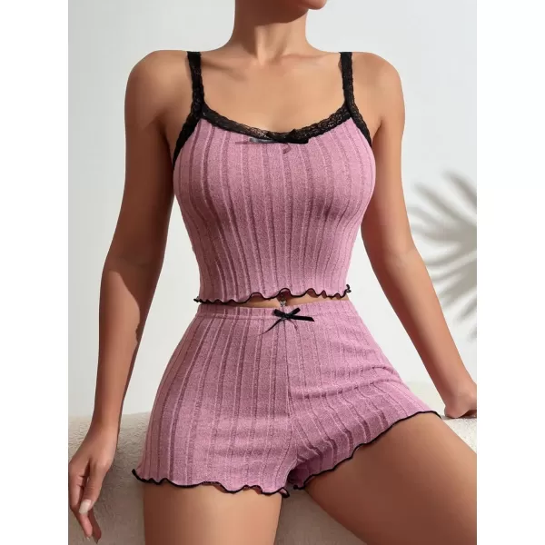 SweatyRocks Women's 2 Piece Lace Ribbed Knit Cami Top and Lettuce Trim Shorts Pajama Set Sleepwear Lounge Sets