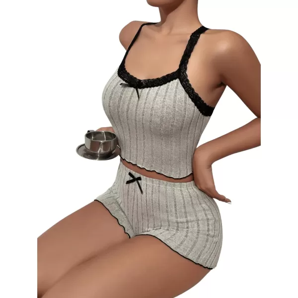 SweatyRocks Women's 2 Piece Lace Ribbed Knit Cami Top and Lettuce Trim Shorts Pajama Set Sleepwear Lounge Sets