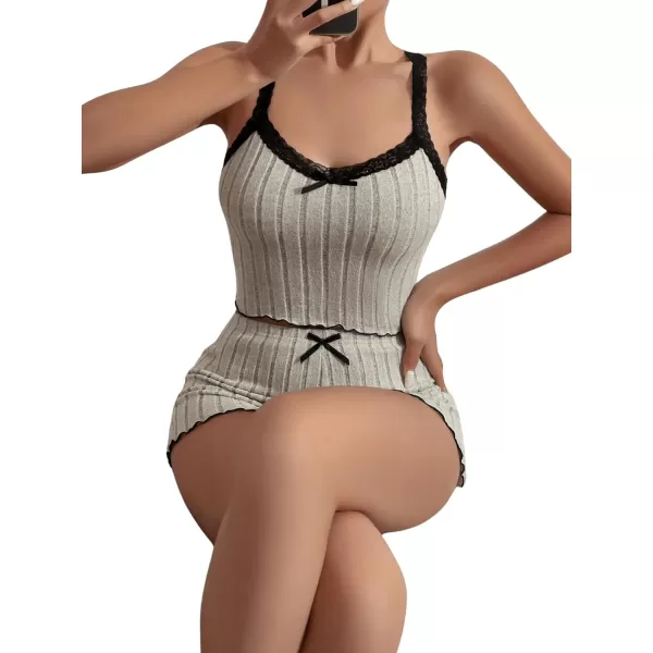 SweatyRocks Women's 2 Piece Lace Ribbed Knit Cami Top and Lettuce Trim Shorts Pajama Set Sleepwear Lounge Sets