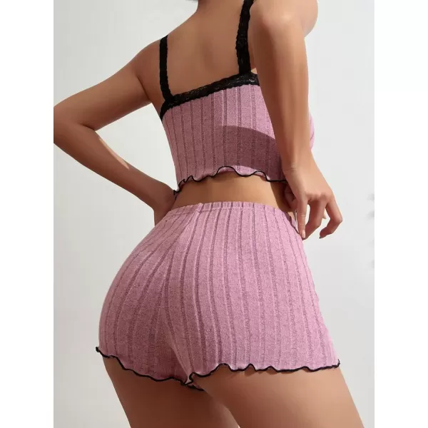 SweatyRocks Women's 2 Piece Lace Ribbed Knit Cami Top and Lettuce Trim Shorts Pajama Set Sleepwear Lounge Sets