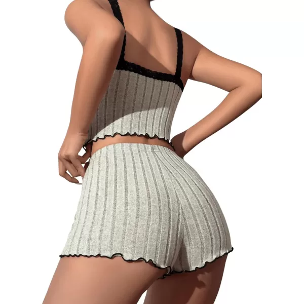 SweatyRocks Women's 2 Piece Lace Ribbed Knit Cami Top and Lettuce Trim Shorts Pajama Set Sleepwear Lounge Sets