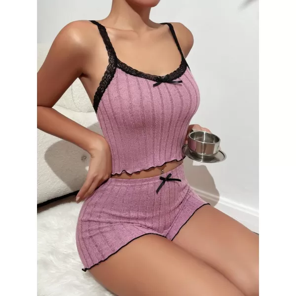 SweatyRocks Women's 2 Piece Lace Ribbed Knit Cami Top and Lettuce Trim Shorts Pajama Set Sleepwear Lounge Sets